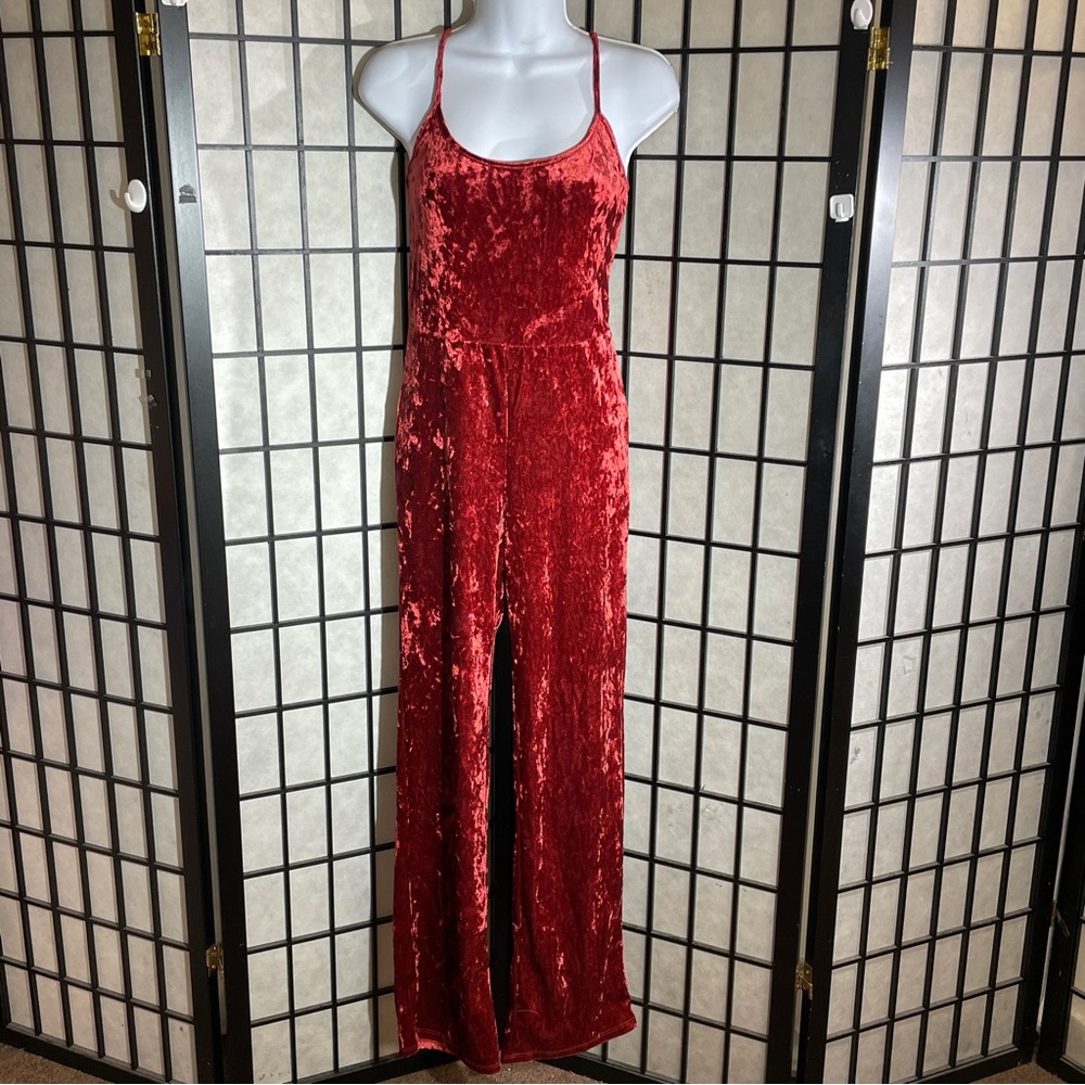 Style B, ladies, maroon velour jumpsuit size medium